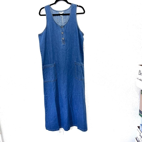 Denim sleeveless button down patch pockets Maxi Dress Large - Picture 1 of 10